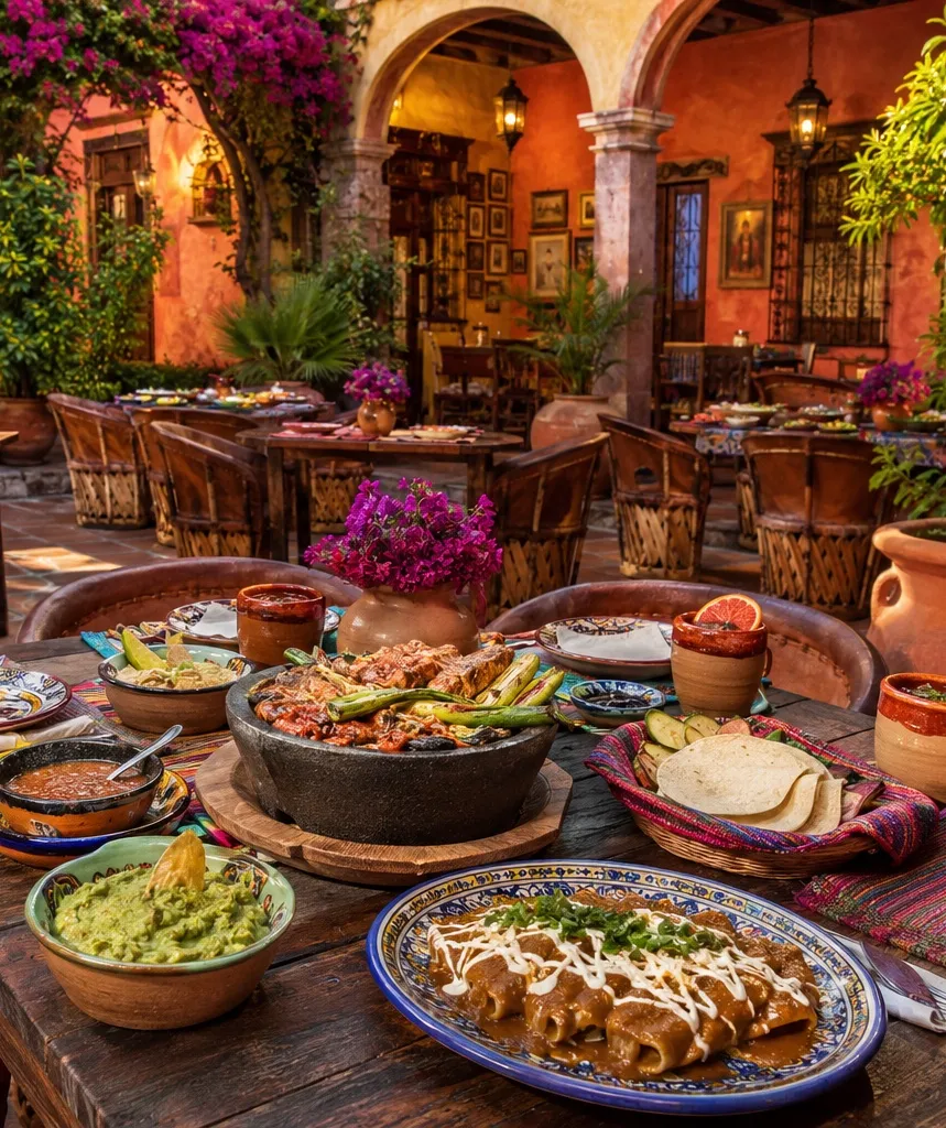 Mesa servida, ambiente cálido de restaurante